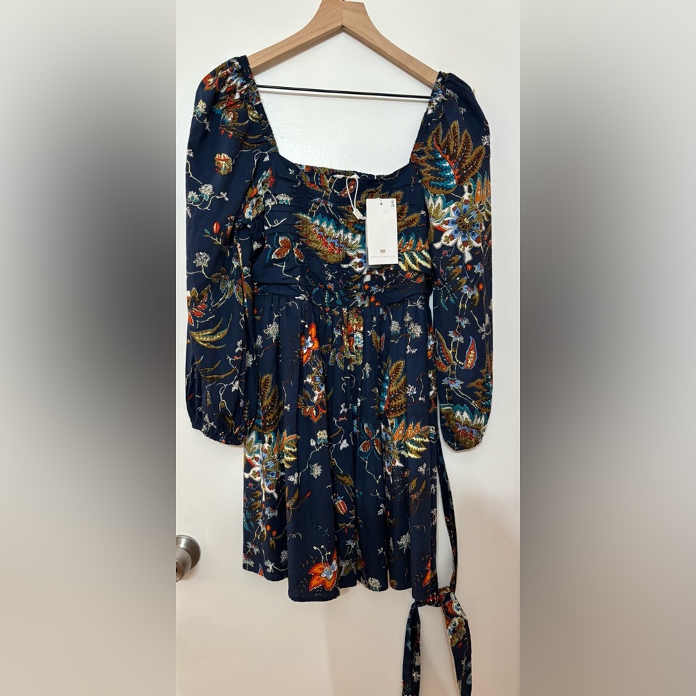 Caroline Constas Navy Blue Floral Print Cotton Smocked Belted Mini Dress Medium